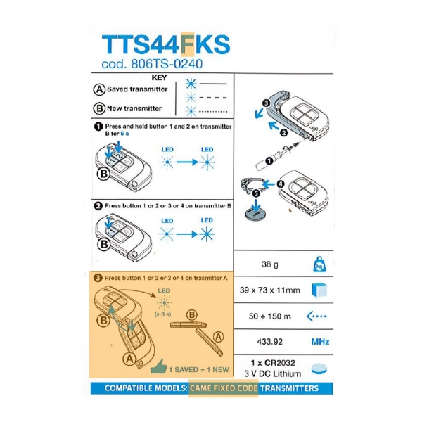Came Handsender 433 MHz TTS44FKS 806TS-0240 4 Kanal Fixcode